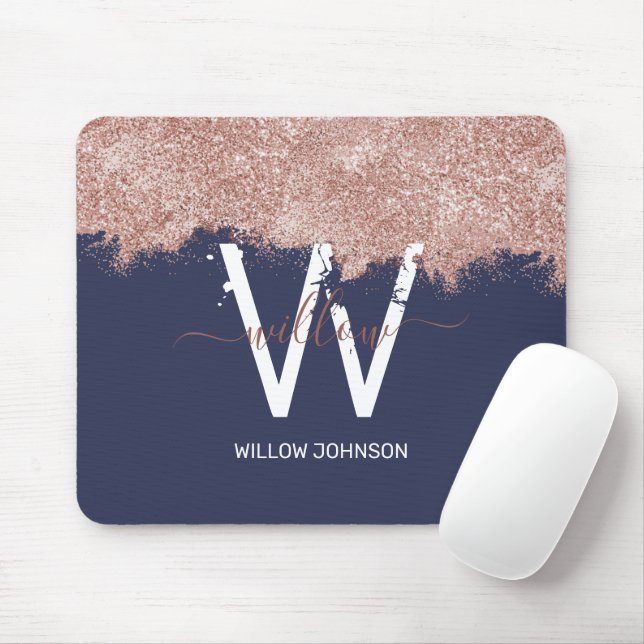 Mousepad Rose Gold Navy Blue Girly Glitter Dust Monogram (Com mouse)