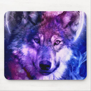 Mousepad Rosto de Lobo Galáxico Místico com Lua Cheia