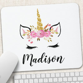 Mousepad Rosto de Unicórnio Com Cílios Nome Personalizado