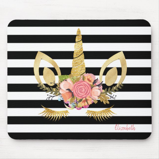 Mousepad Rosto de Unicórnio Dourado,Listras Brancas e Preta (Frente)