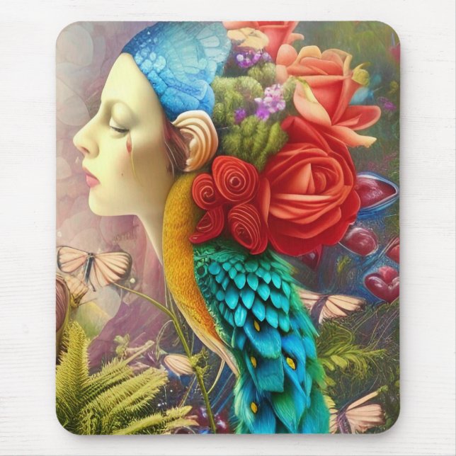 Mousepad Rosto feminino com penas florais e pavão (Frente)