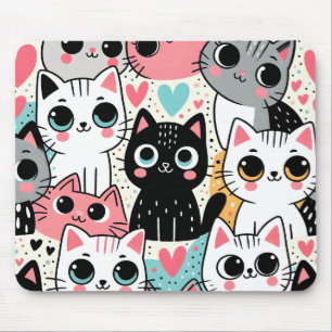 Mousepad Rostos de Gatos Kawaii Fofos e Corações Caprichoso