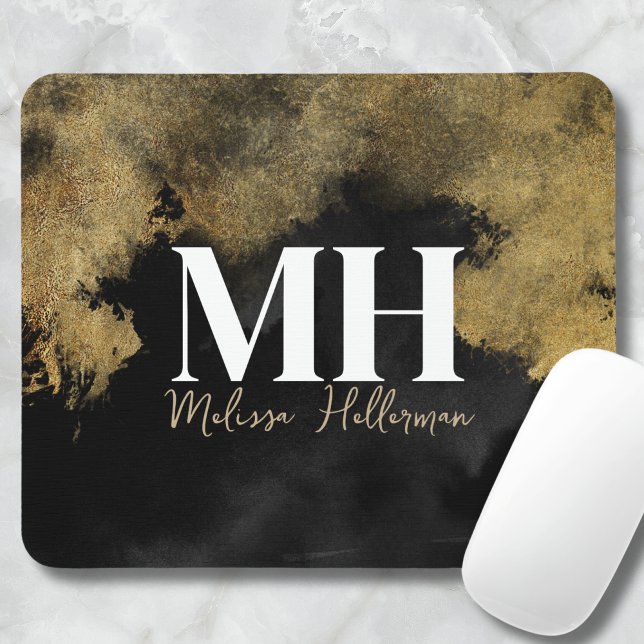 Mousepad Roteiro Ouro Negro Nome Monograma (Black Gold Script Name Monogram Mouse Pad)