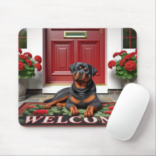 Mousepad Rottweiler em uma porta de boas-vindas