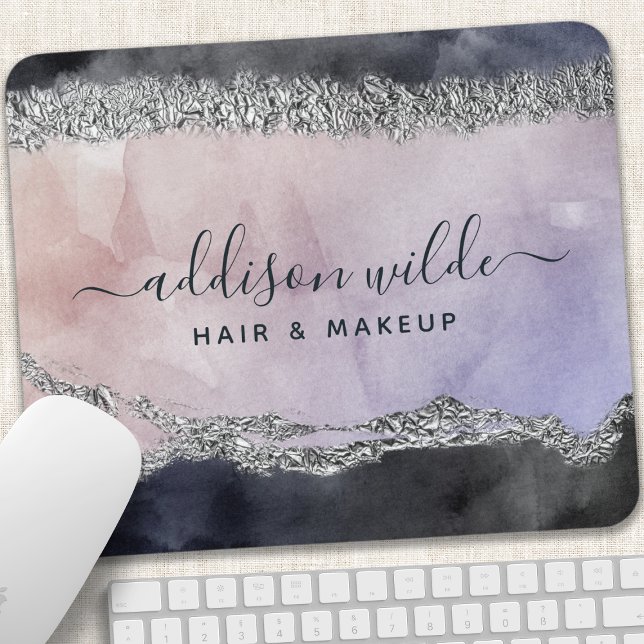 Mousepad Rótulo de Assinatura Aquarela Roxo Preto Prata (Criador carregado)