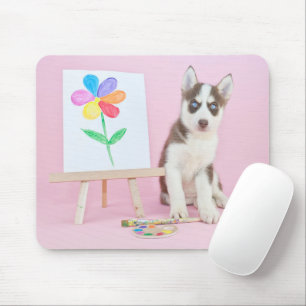 Mousepad Rouco Puppy Pintando uma Flor Arco-Íris