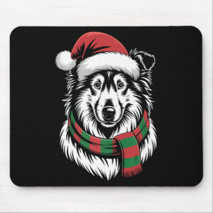 Mousepad Rough Collie Cão Xmas Chapéu Cachecol de Natal Fan