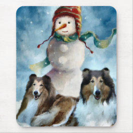 Mousepad Rough Collie com Snowman no Natal