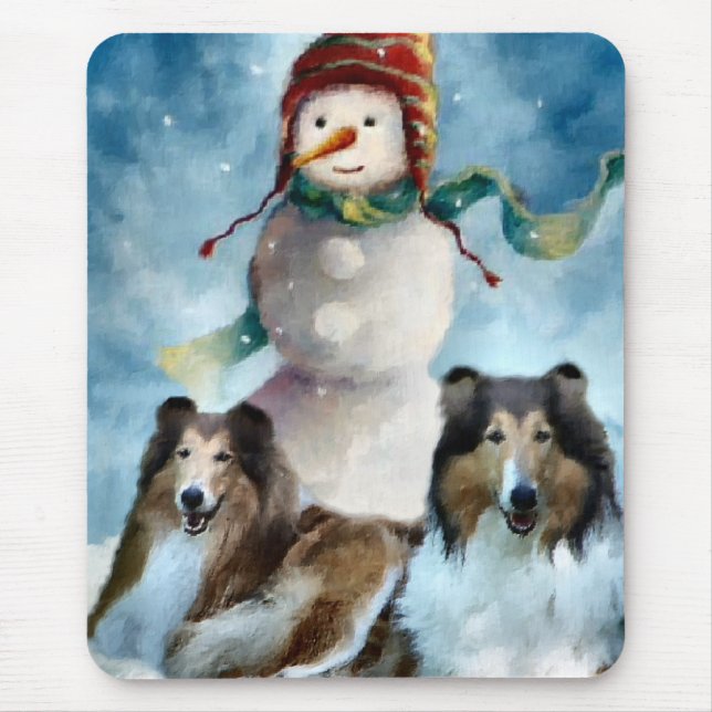 Mousepad Rough Collie com Snowman no Natal (Frente)