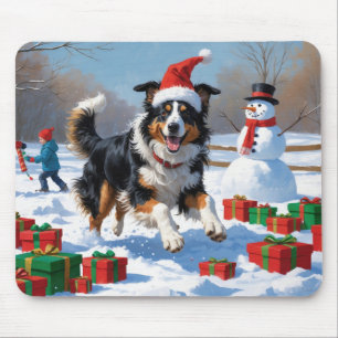 Mousepad Rough Collie Correndo na Neve com Chapéu de Natal