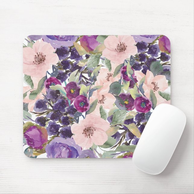 Mousepad Roxo Bege Água Floral Folhas Verdes Roxas (Com mouse)