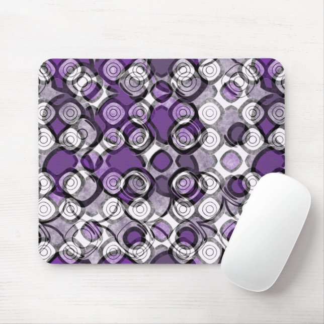 Mousepad Roxo Cinza Branco Abstrato Círculos Pretos (Com mouse)