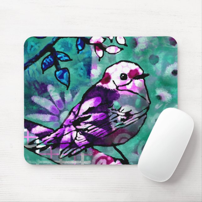 Mousepad Roxo Floral de Abstrato de aves (Com mouse)