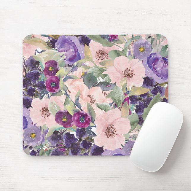 Mousepad Roxo Rosa Floral Aquarela (Com mouse)