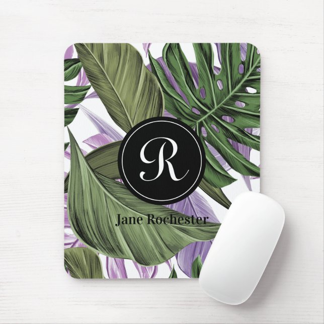 Mousepad Roxo Verde Tropical de Verão deixa monograma (Com mouse)