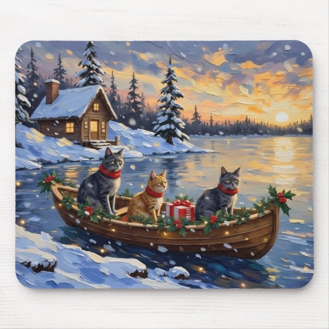 Mousepad Russian Blue Cat Christmas Boat Holiday (Frente)