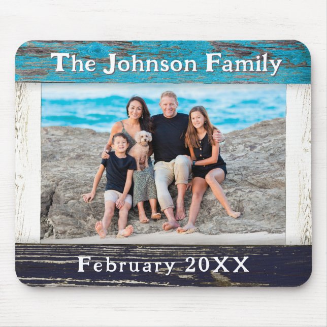 Mousepad Rustic Blue Wood Frame Family Name Photo (Frente)