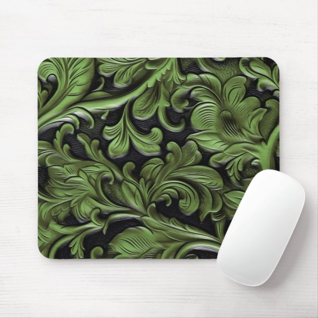 Mousepad Rustic green tooled leather  (Com mouse)