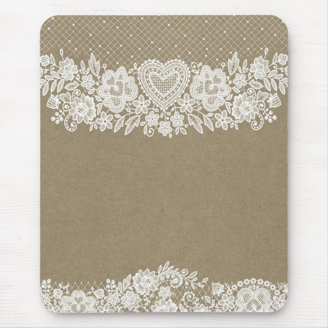 Mousepad Rustic Kraft & White Lace Lacy Farmhouse Chic (Frente)