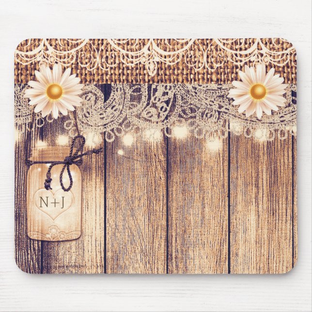 Mousepad Rustic Lighted Mason Jars Daisies & Lace Computer (Frente)