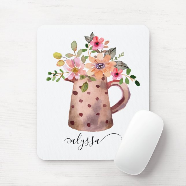 Mousepad Rustic Pitcher Peach & Mauve Watercolor Floral (Com mouse)