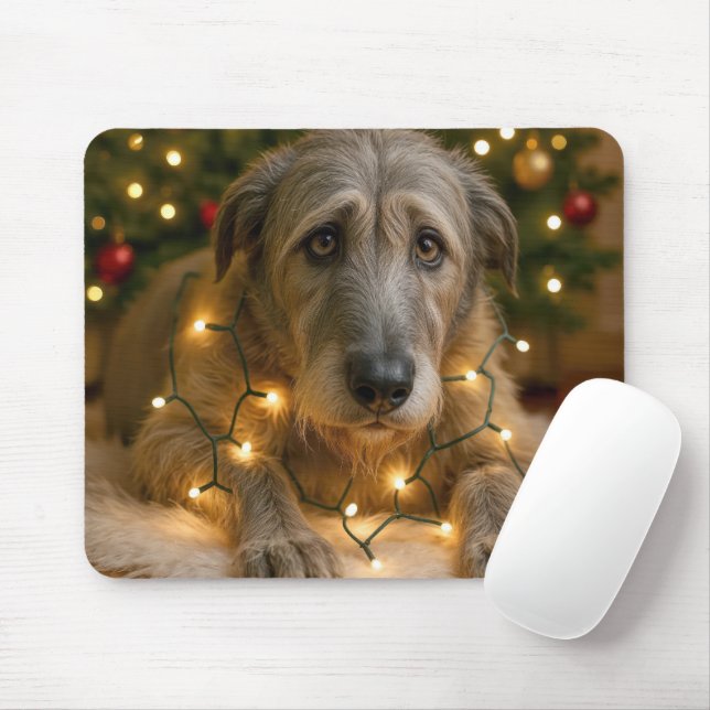 Mousepad Sad Irish Wolfhound Tangled In Holiday Lights (Com mouse)