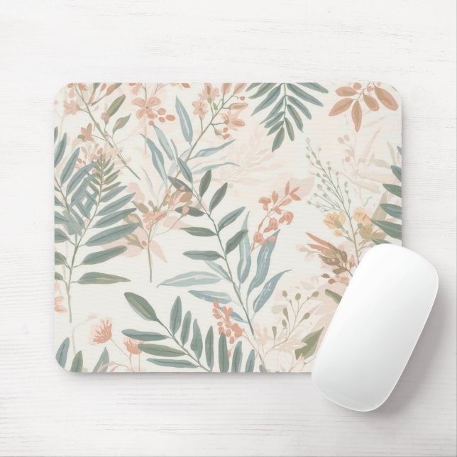 Mousepad Sage Botanical Blush Leaf Watercolor Pattern (Com mouse)