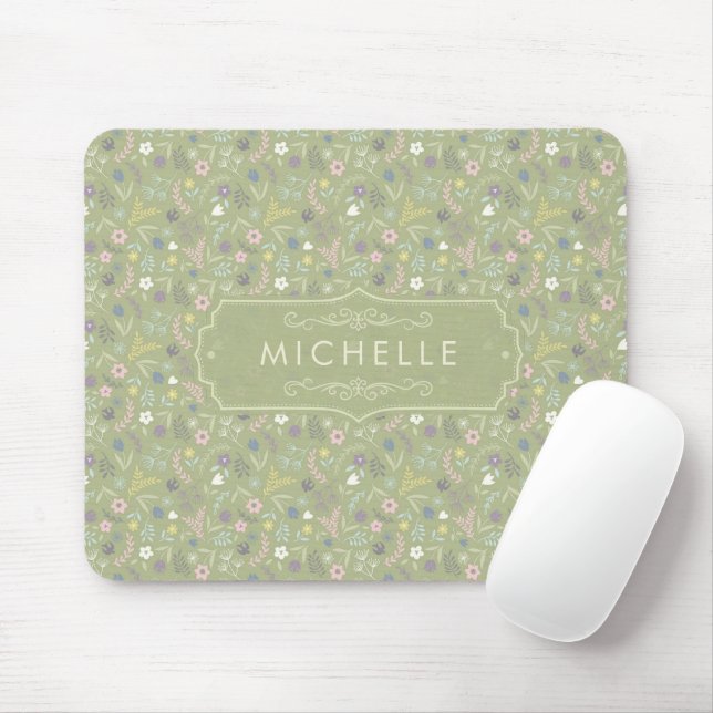 Mousepad Sage Verde Flores Rosa Branco Padrão Floral Boho (Com mouse)