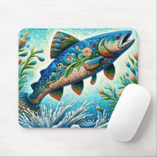 Mousepad Salmão Jumping Mosaico Floral Azul Pêssego Verde