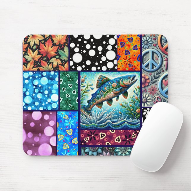 Mousepad Salmon Crazy Quilt Floral Whimsical Colorful (Com mouse)