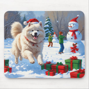Mousepad Samoyed Correndo na Neve com Chapéu de Natal