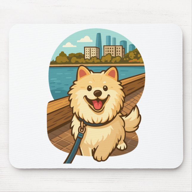 Mousepad Samoyed Feliz Passeando pela Orla da Cidade (Frente)