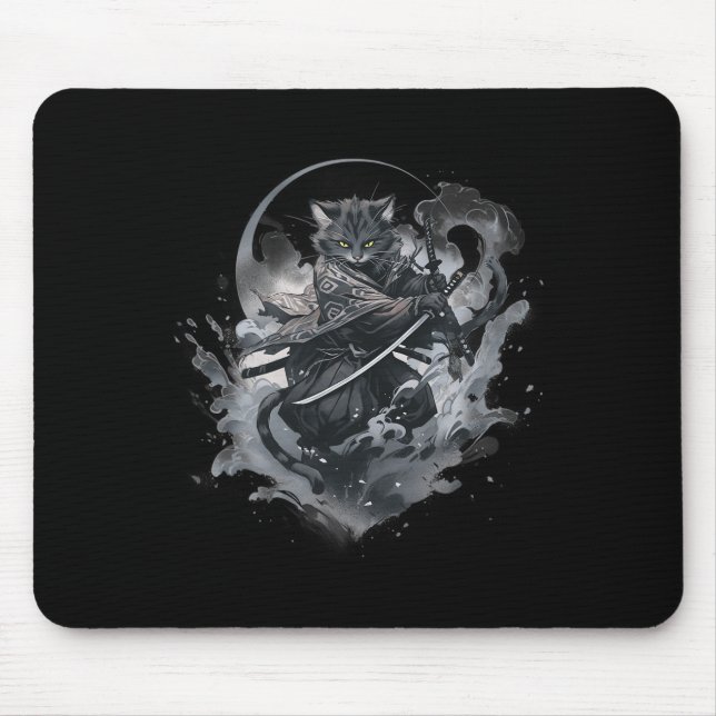 Mousepad Samurai Cat Anime Japonês Ninja Warrior Aestético (Frente)