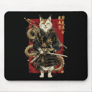 Mousepad Samurai Cat Com Dragão Japonês Kanji