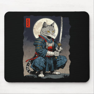 Mousepad Samurai Cat. Gato Retro Japonês Gato Lua Ukiyo-