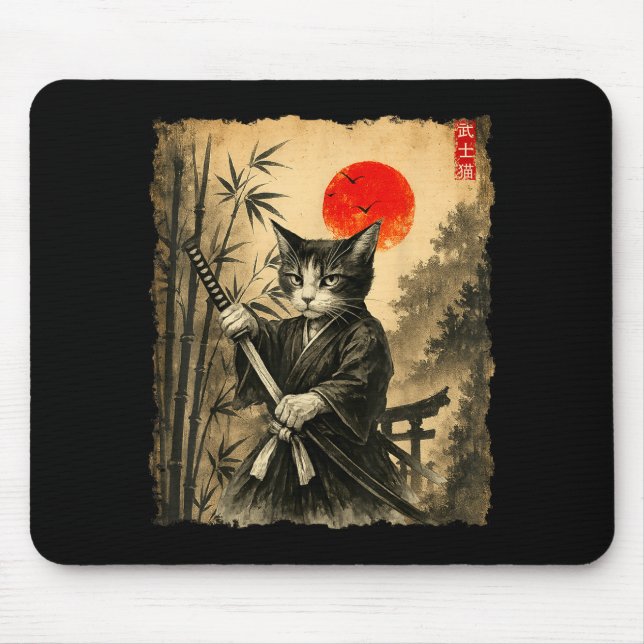 Mousepad Samurai Cat Japanese Art Men Boys Funny Graphic Te (Frente)