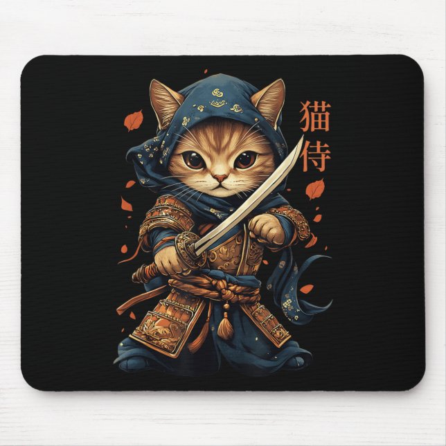 Mousepad Samurai Cat Tattoo Kawaii Ninja Cat W (Frente)