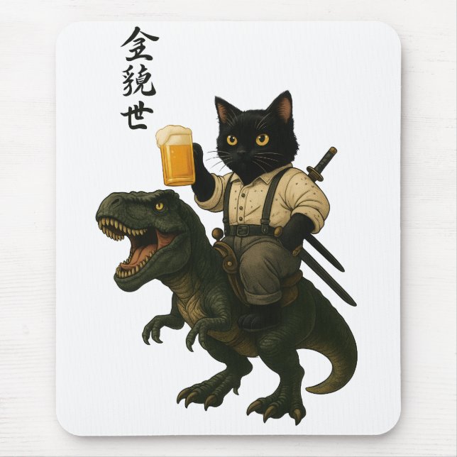 Mousepad Samurai Cat with Beer & T-Rex | Retro Japanese Art (Frente)