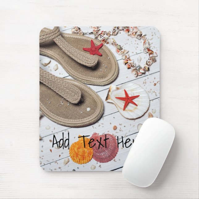 Mousepad Sandálias, conchas e Starfish na praia (Com mouse)