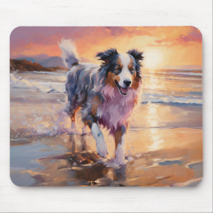 Mousepad Sandy Australian Shepherd Dog on Beach Sunset