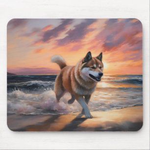 Mousepad Sandy Paws Akita Dog em Beach Sunset