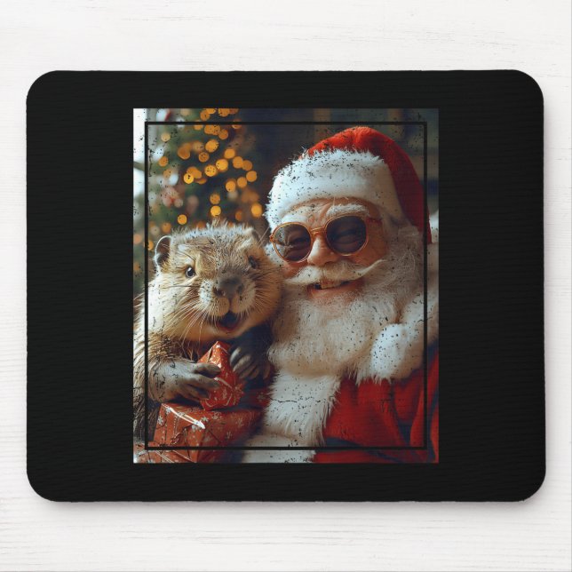 Mousepad Santa And Beaver Selfie Funny Christmas Design  (Frente)