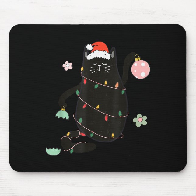 Mousepad Santa Black Cat Tangled Up In Christmas Tree Light (Frente)