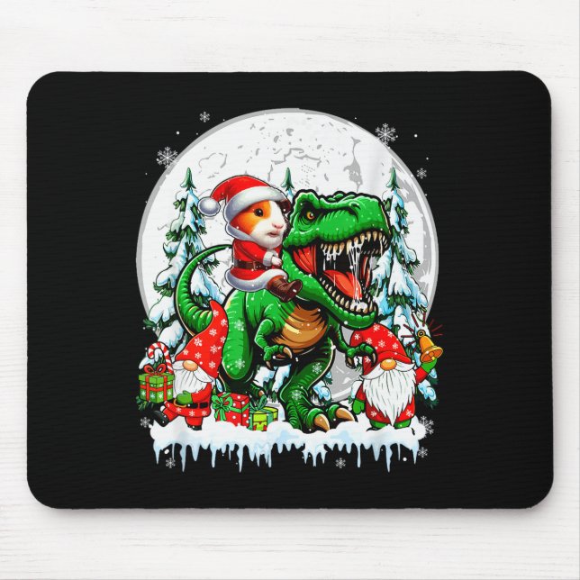Mousepad Santa Guinea G Riding T-rex Gnomes Christmas Trees (Frente)