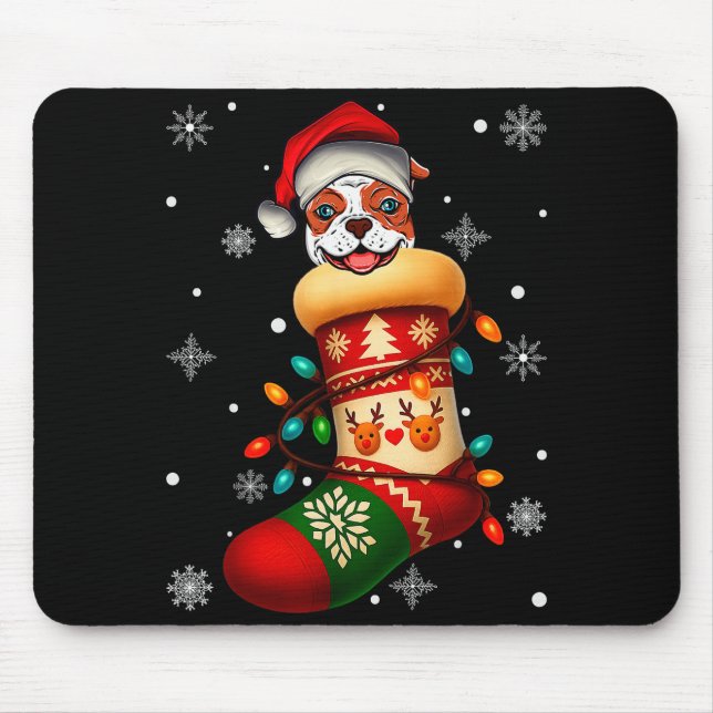 Mousepad Santa Hat American Bulldog Dog In Christmas Socks  (Frente)