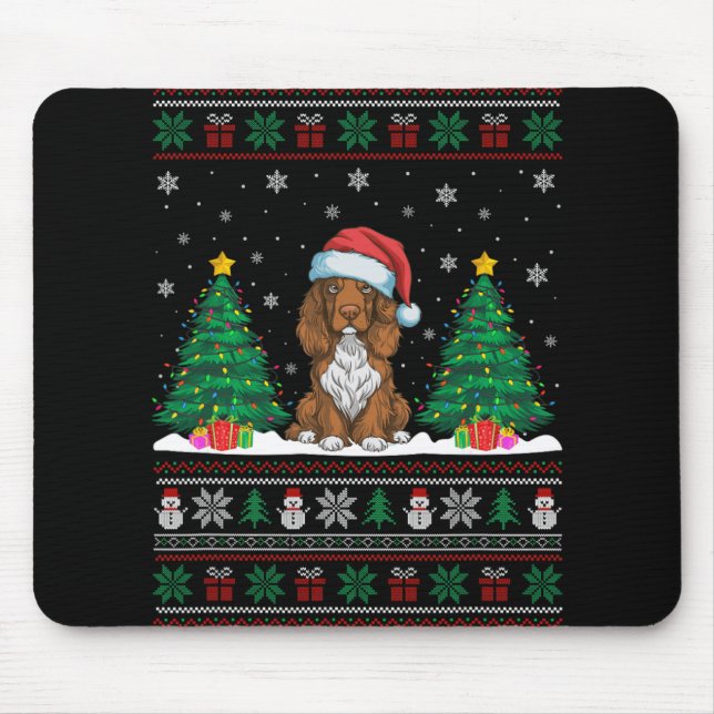 Mousepad Santa Hat Field Spaniel Dog Xmas Tree Luzes Feias (Frente)