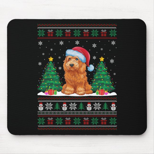 Mousepad Santa Hat Goldendoodle Cão Xmas Tree Luzes Feias (Frente)