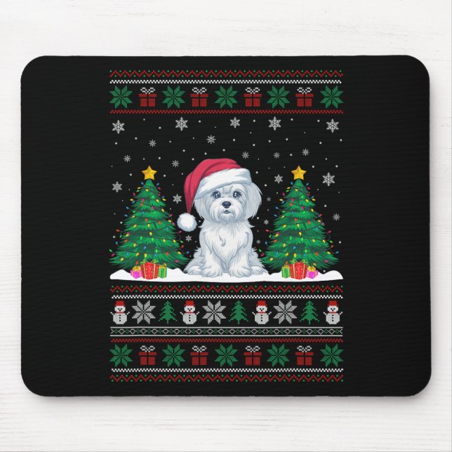 Mousepad Santa Hat Maltês Cachorro Árvore de Natal Luz Feia (Frente)