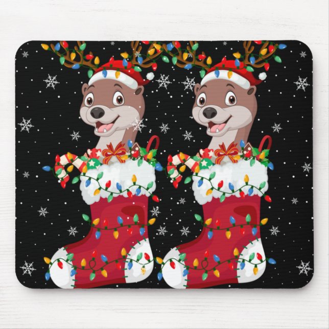 Mousepad Santa Hat Otter Animal In Socks Xmas Tree Lights T (Frente)