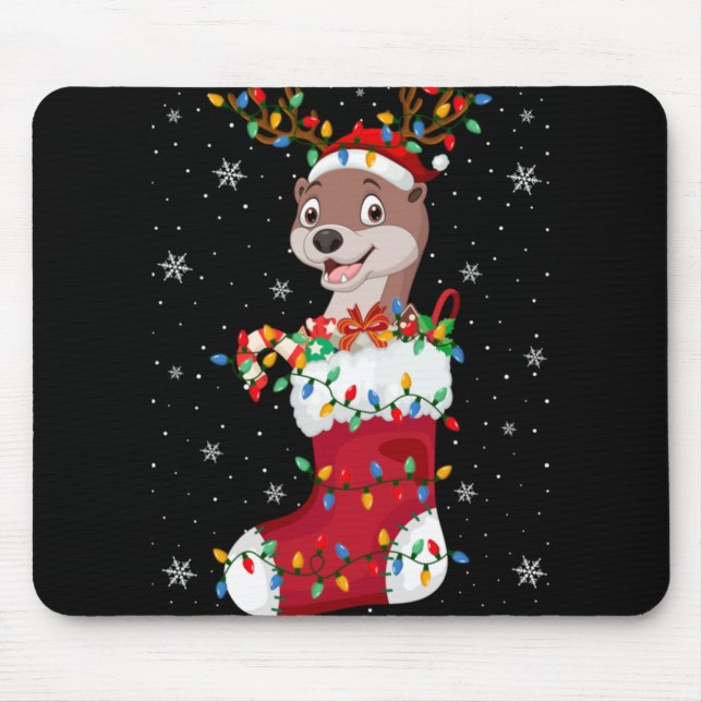 Mousepad Santa Hat Otter Animal In Socks Xmas Tree Lights T (Frente)